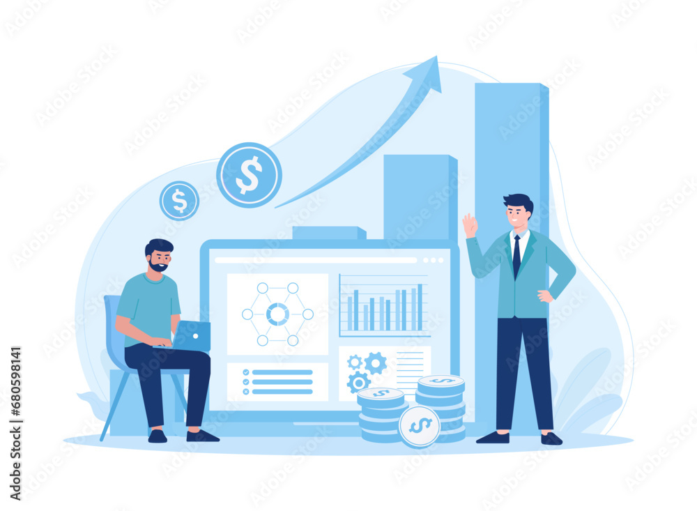 Two men discuss annual business targets concept flat illustration Two men discuss annual business targets concept flat illustration