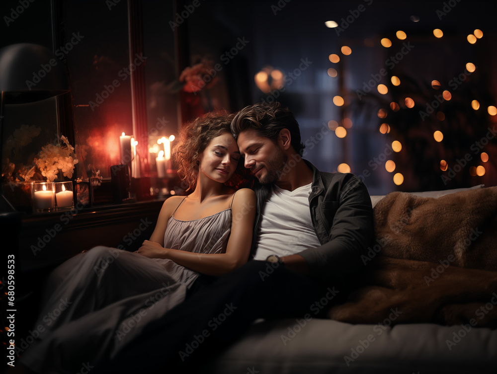 A couple in love hugging on the sofa in a very cozy environment. A couple in love hugging on the sofa in a very cozy environment.