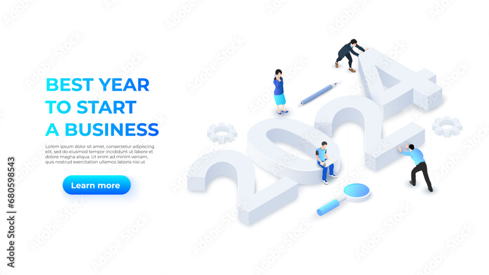 The New Year 2024 isometric numbers illustration. Landing page with people. Startup year