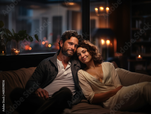 A couple in love hugging on the sofa in a very cozy environment.