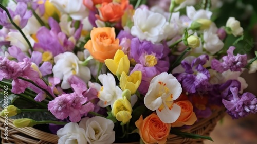 Bouquet of colorful freesia flowers in a basket.