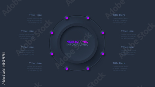 Cycle diagram with 8 options or steps. Dark infographic neumorphism template