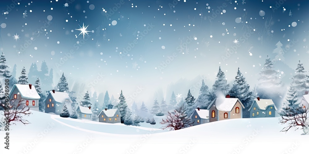 Winter wonderland. Cozy christmas cabin in snowy forest landscape. Enchanting holiday retreat. Magic in snow covered village at night - obrazy, fototapety, plakaty 
