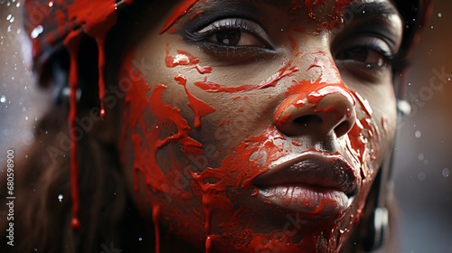 face of a woman with paint on her face showing blood