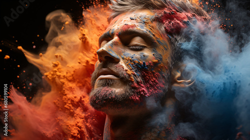 portrait of a person with a colorful powder around and on his face