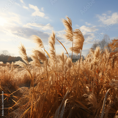 A tranquil scene capturing a grain field during the evening, with gentle light illuminating the stalks