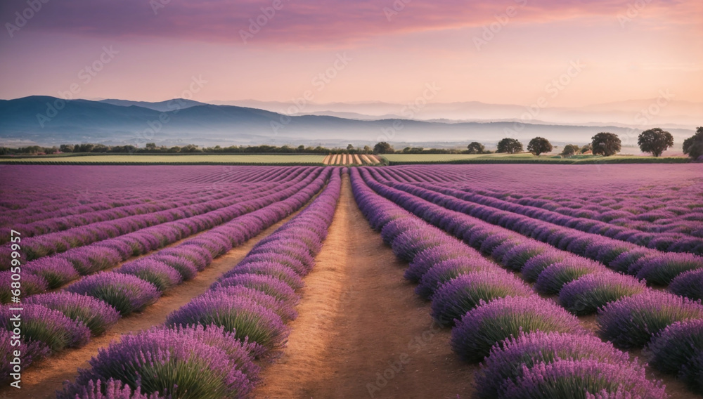 Serene and idyllic lavender farm, with neat rows of purple blooms stretching to the horizon - AI Generative Serene and idyllic lavender farm, with neat rows of purple blooms stretching to the horizon - AI Generative