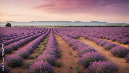 Serene and idyllic lavender farm, with neat rows of purple blooms stretching to the horizon - AI Generative