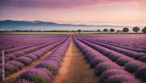 Serene and idyllic lavender farm  with neat rows of purple blooms stretching to the horizon - AI Generative