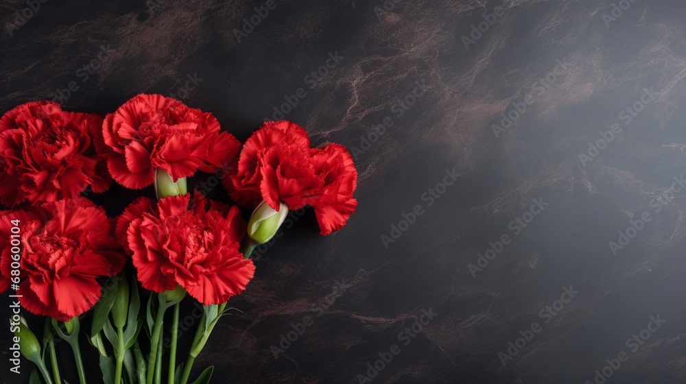 mourning red carnations on a black background with space for text. mourning red carnations on a black background with space for text.