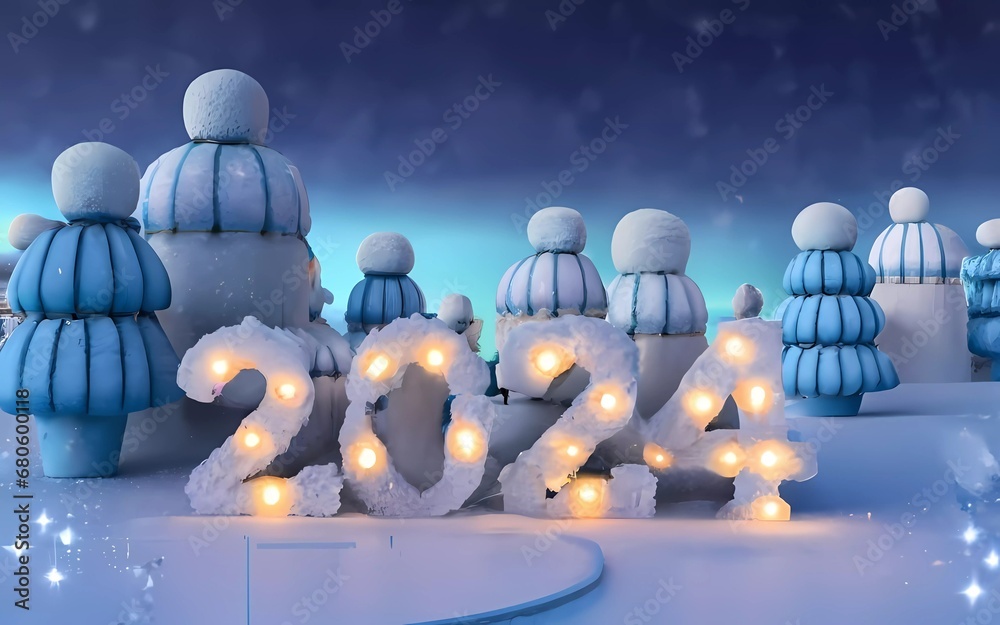 Snowy Wonders: Enter the Enchanting World of 2024 New Year's Magic with Snow Castles! Illustration, Background, Wallpaper