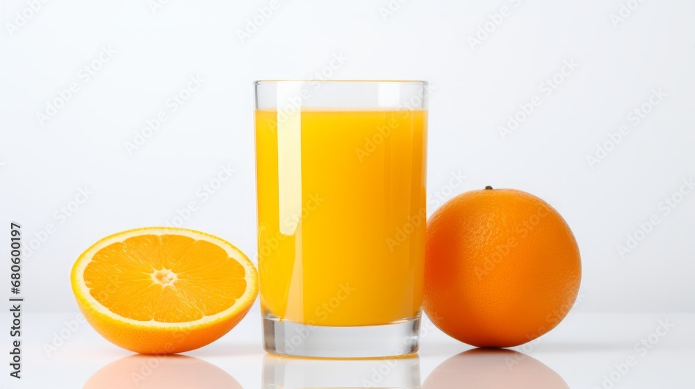 orange juice in a glass on a white background.