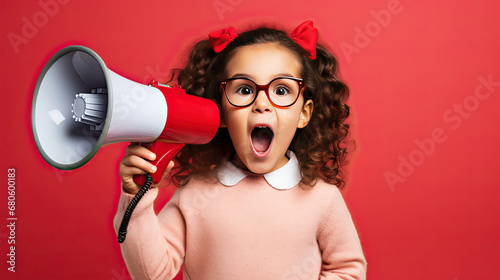 little child shouting through megaphone, child with megaphone, A child speaks into a loudspeaker isolated on red background.