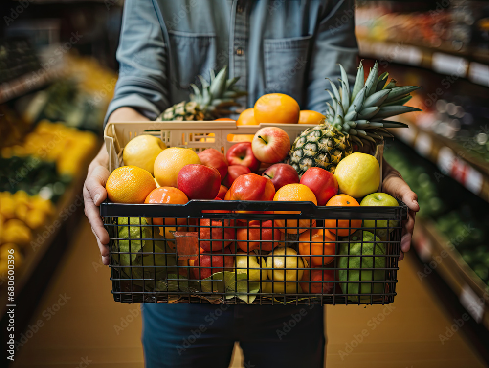 vegetables in a supermarket, basket with vegetables, Close up of Woman's hand holds a grocery vegetables basket on market background