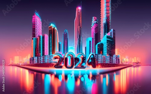 Happy New Year: Sky-high Spectacle - Ringing in 2024 with Glittering Skyscrapers in Celebration! Background, Pattern, Wallpaper, Vector © 47Media