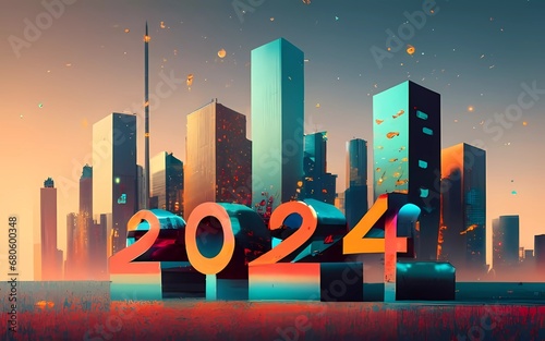 Happy New Year: Sky-high Spectacle - Ringing in 2024 with Glittering Skyscrapers in Celebration! Background, Pattern, Wallpaper, Vector photo