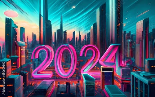 Happy New Year: Sky-high Spectacle - Ringing in 2024 with Glittering Skyscrapers in Celebration! Background, Pattern, Wallpaper, Vector photo