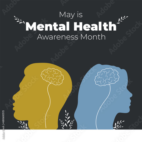 Fototapeta Naklejka Na Ścianę i Meble -  human head silhouette with brain. Mental Health Awareness Month. Vector illustration background.  Banner