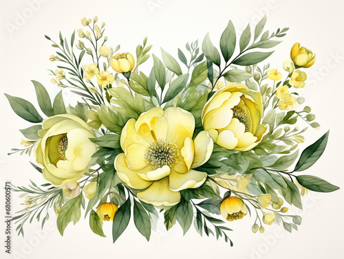 set in stile acquerello di bouquet floreale , eleganti  foglie e rami, peonie, colori tenui giallo e verde, fondo bianco scontornabile 