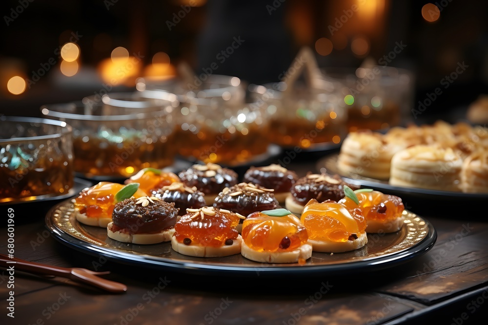 Delicious cakes with tangerines on table in cafe, closeup Delicious cakes with tangerines on table in cafe, closeup