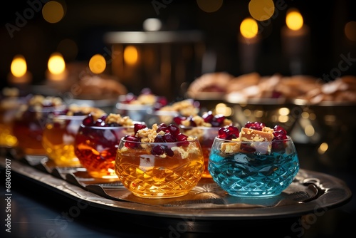 Tray with tasty berry desserts on table, closeup view