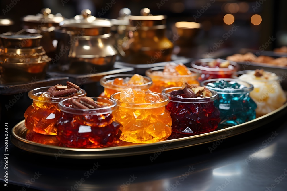 Traditional Turkish delight in glass jars on metal tray, close-up - obrazy, fototapety, plakaty 