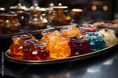 Traditional Turkish delight in glass jars on metal tray, close-up