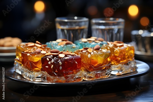 Traditional Turkish delight with nuts on a dark background. Selective focus.