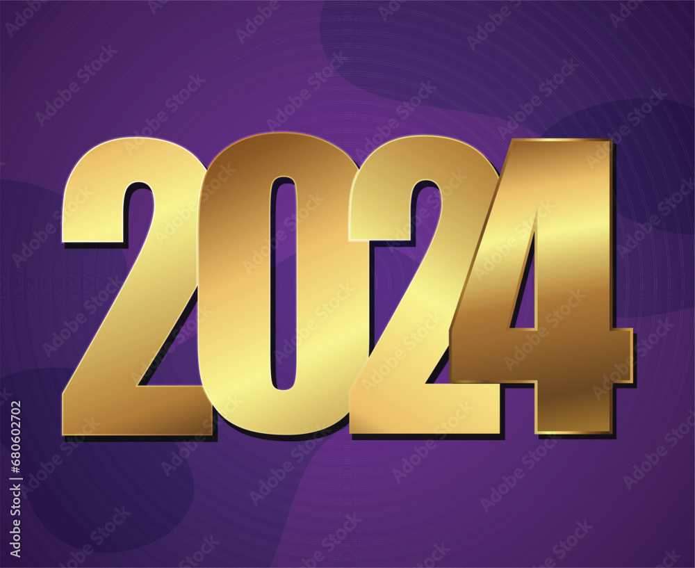 Happy New Year 2024 Holiday Abstract Gold Graphic Design Vector Logo Symbol Illustration With Purple Background Happy New Year 2024 Holiday Abstract Gold Graphic Design Vector Logo Symbol Illustration With Purple Background