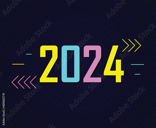 Happy New Year 2024 Holiday Abstract Neon Graphic Design Vector Logo Symbol Illustration With Blue Background