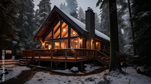 snow-covered cabin nestled in a peaceful forest during winter, A log cabin with a roaring fire inside, its warm light casting a welcoming glow on the snow outside. 4k HD Ultra High quality photo.,© Micro