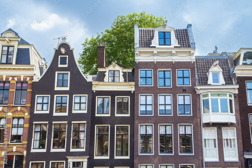 Closeup view of houses in Amsterdam (Netherlands). Horizontally. 