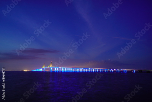 Night landscape of Skyway Fishing Pier State Park is a Florida State Park. The old broken collapsed bridge were left in place and converted into the longest fishing pier in the world.