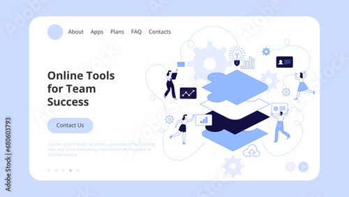 Vector illustration of internet communication Team metaphor People connecting puzzle elements social networks. Concept Landing Page Template, Website Banner, Advertisement and Marketing Material