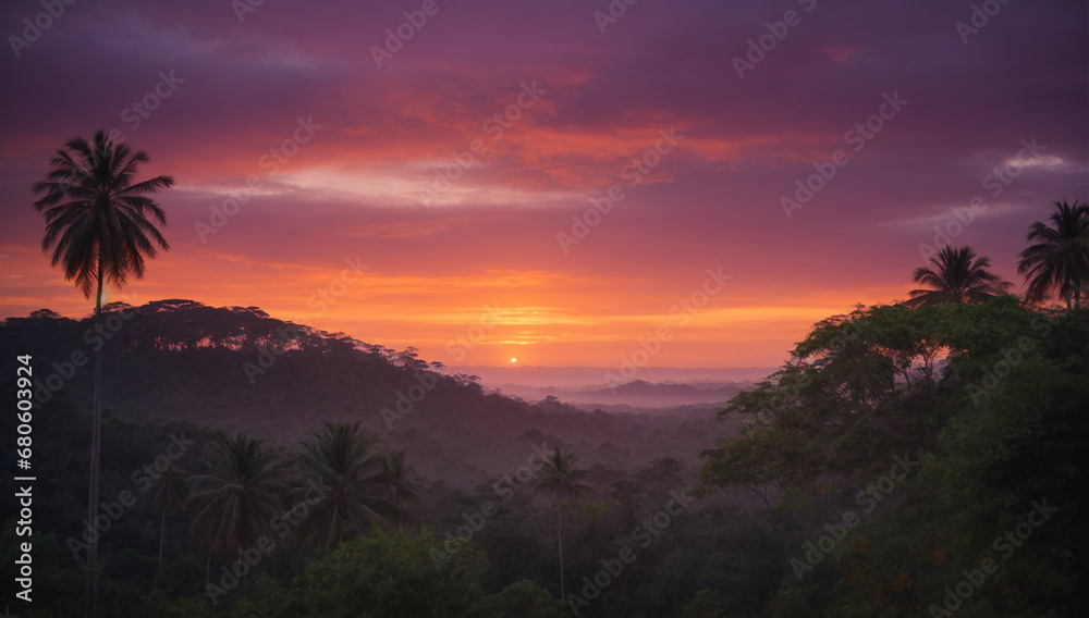 Twilight setting over the jungle, painting the sky in hues of orange and purple - AI Generative Twilight setting over the jungle, painting the sky in hues of orange and purple - AI Generative
