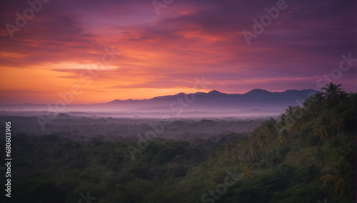 Twilight setting over the jungle, painting the sky in hues of orange and purple - AI Generative