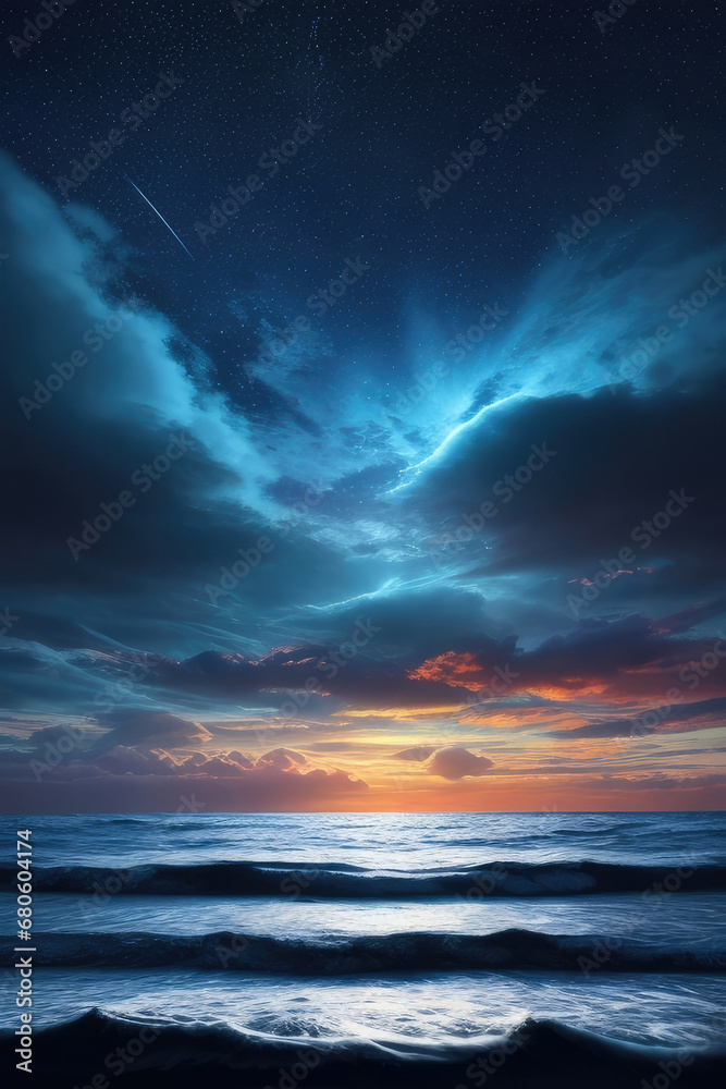 Dark clouds of the sunset sky over the dark water of the ocean Dark clouds of the sunset sky over the dark water of the ocean