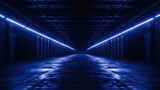 Dark Blue Led Brick Glowing Concrete Tunnel Corridor Garage Underground Dark Night Empty Industrial Car Showroom Parking modern