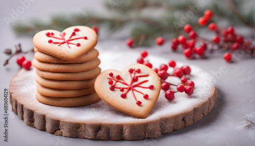 cookies in the shape of heart with ashberry branches photo