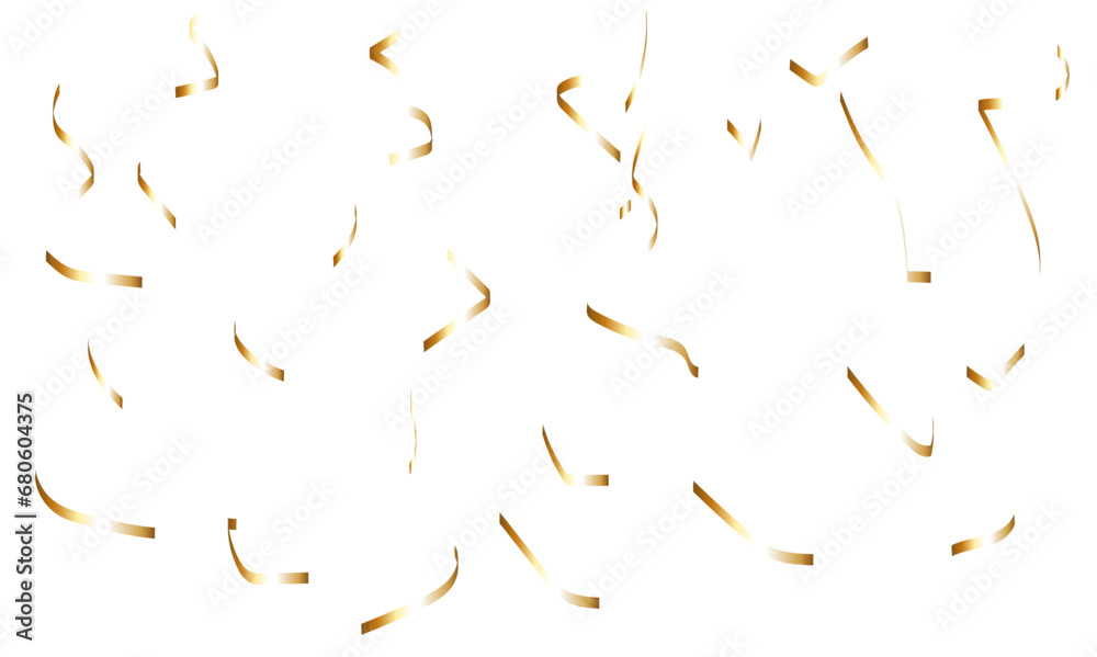 Abstract luxury golden confetti glitter and zigzag ribbon falling down on transparent background. Holyday, festive and celebration background. - obrazy, fototapety, plakaty 