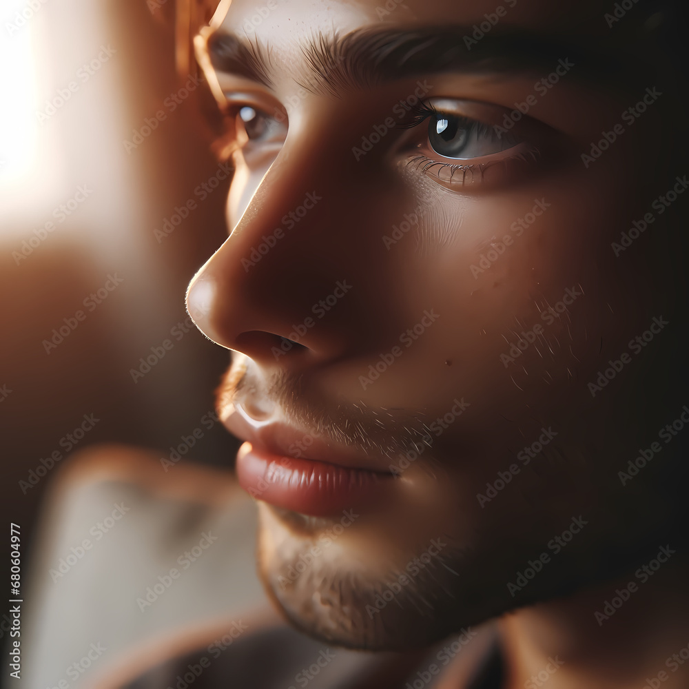 Introspective close-up of a person's face with thoughtful eyes and serene expression, in a soft, warm light Introspective close-up of a person's face with thoughtful eyes and serene expression, in a soft, warm light