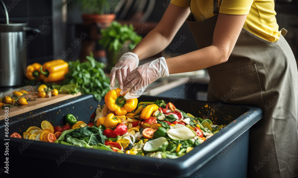 Housewife tosses biowaste in the trash.Uneaten spoiled vegetables are thrown in the trash. Food Loss and Food Waste. Reducing Wasted Food At Home Housewife tosses biowaste in the trash.Uneaten spoiled vegetables are thrown in the trash. Food Loss and Food Waste. Reducing Wasted Food At Home