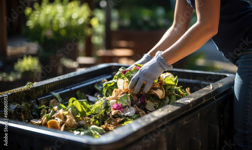 Housewife tosses biowaste in the trash.Uneaten spoiled vegetables are thrown in the trash. Food Loss and Food Waste. Reducing Wasted Food At Home photo