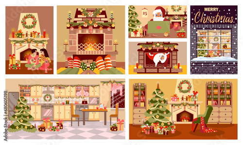 Set of 7 xmas illustrations for holiday banners and postcards in a flat cartoon style, 7 cozy celebration interiors of the living room kitchen and study with Santa Claus, Christmas tree, and people. © Nadine.de.trevile