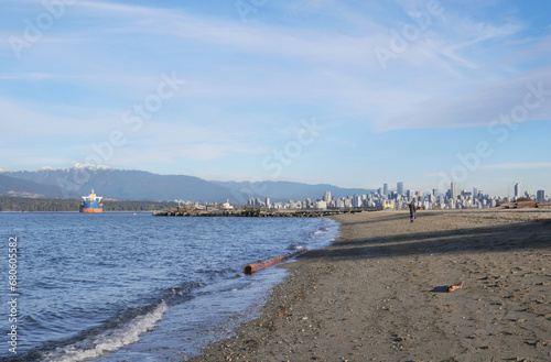 Beautiful view of the skyline of Vancouver in the distance as seen from Jericho Beach in Vancouver  British Columbia  Canada