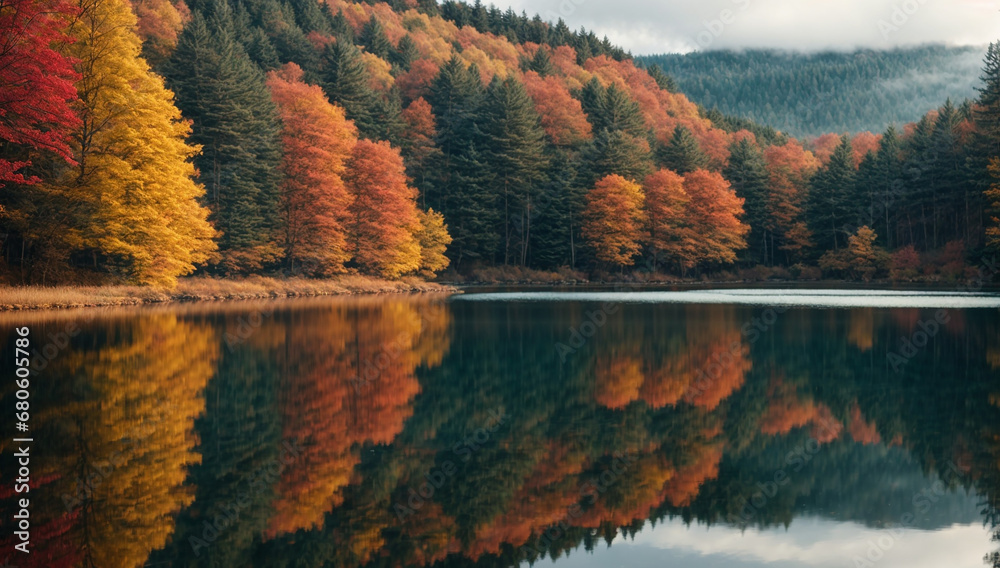 Obraz premium Vibrant and colorful autumn forest reflecting in a calm, mirrored lake - AI Generative