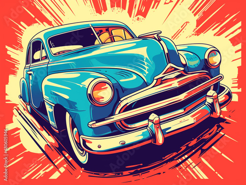 A vintage car in pop art illustration style. White background.