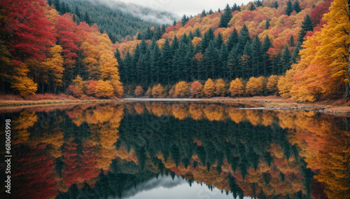 Vibrant and colorful autumn forest reflecting in a calm, mirrored lake - AI Generative