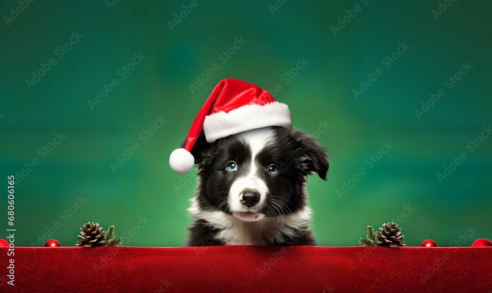 cute border collie puppy on the christmas card, background