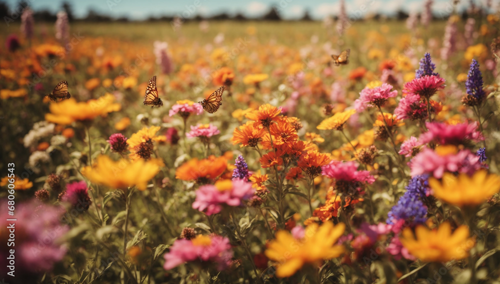 Vibrant and colorful wildflower field, buzzing with bees and butterflies - AI Generative Vibrant and colorful wildflower field, buzzing with bees and butterflies - AI Generative